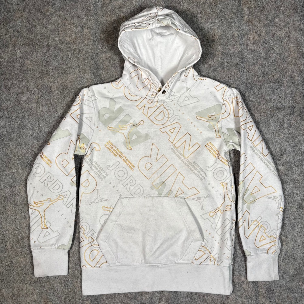 Air Jordan Hoodie Youth M 10-12 White Gold All Over Print Pullover *Marks Read